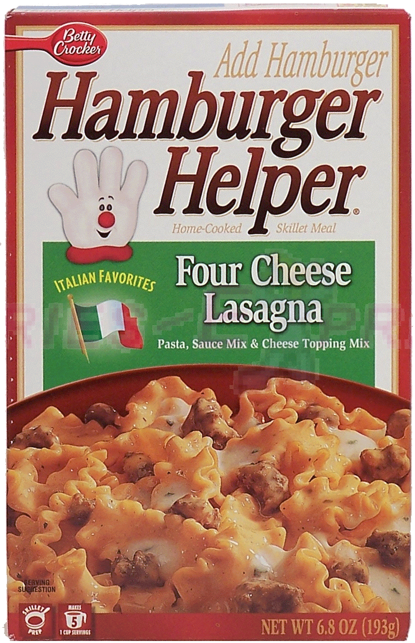 Betty Crocker&nbsp;Hamburger Helper&nbsp;four cheese lasagna: pasta sauce mix and cheese topping mix makes 5 1-cup servings Full-Size Picture